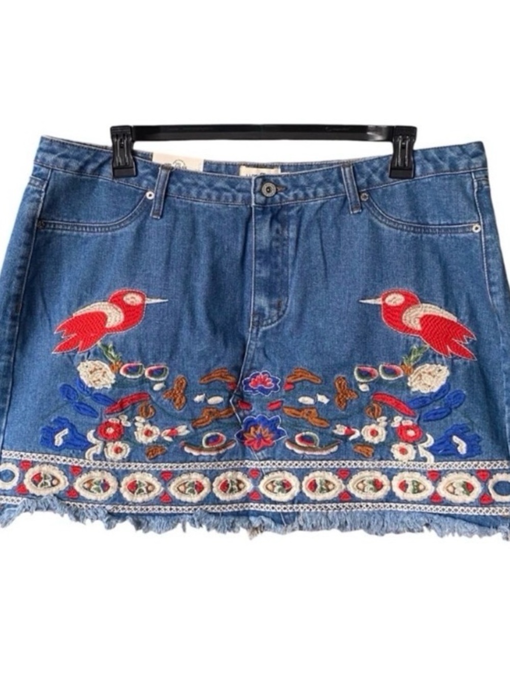 Umgee Plus Floral Bird Embroidered Boho Denim Mini Skirt Womens Size XL NWT